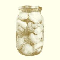 Delicious pickled mushrooms packed in a jar highlight the art of pickling. This trendy appetizer with a tart, vinegary flavor is perfect for snacking, combining vegetables with experimental methods. vector
