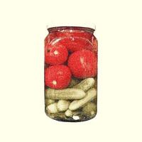 Exploration of tangy pickled snacks featuring vibrant tomatoes and assorted cucumbers in a trendy half-tone aesthetic. vector