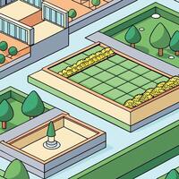 Isometric View of a Modern Garden Design Featuring Geometric Landscaping and Architectural Elements vector