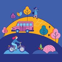 A Colorful Illustration of Transportation and Nature People Walking Biking and Riding a Bus in a Scenic Park Setting vector
