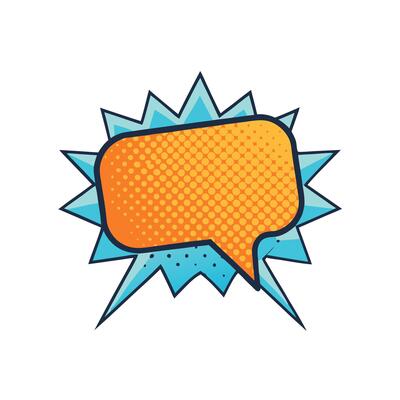 A vibrant orange comic book speech bubble with a blue burst effect
