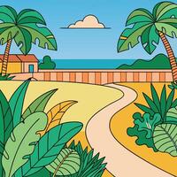 Serene Tropical Beachfront Pathway with Lush Greenery and Palm Trees vector