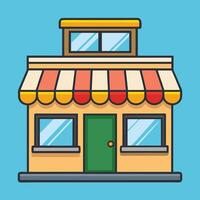 A Charming Small Business Store Front with Striped Awning and Rooftop Window vector