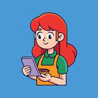 Happy Redhead Girl Using Smartphone While Eating in Apron vector