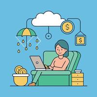 Woman Working on Laptop with Financial Security and Cloud Savings vector