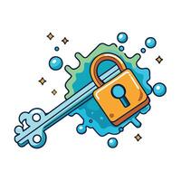 A vibrant illustration of a key unlocking a padlock in a splash of blue and green paint vector