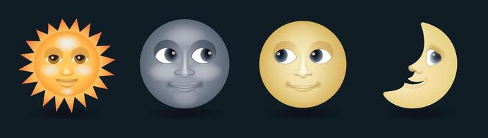 Sun with smiling face, half and full moon face illustration isolated on dark background vector