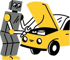 A flat style illustration of a robot repairing car vector