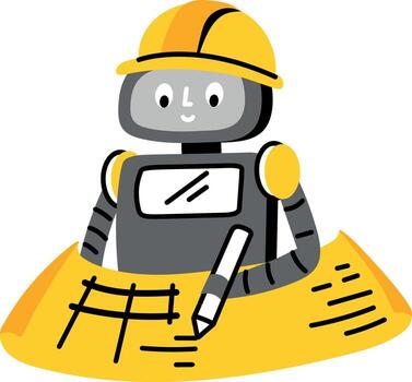 A flat style illustration of robot engineer making a blueprint vector