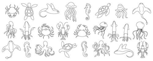 Flat line art of sea animals, including crab, jellyfish, and seahorse. This set captures underwater life with marine creatures in simple shapes. Ideal for aquatic design. vector