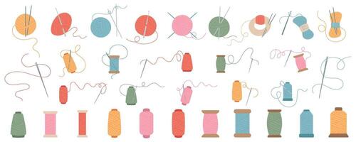 Set of colorful yarn, needle and spool illustrations. Needles with threads or with balls of yarn perfect for crafting, knitting, and sewing themes. Ideal for creative projects and design inspiration. vector