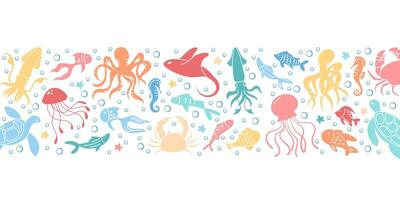 Colorful underwater animals like octopus, jellyfish, and sea turtle in a vibrant marine scene at background pattern design. Ocean reef life with various sea creatures depicted in a set. vector