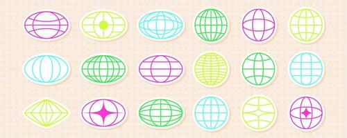 Colorful abstract 2D spheres with grid lines and wireframe patterns, in retro Y2K sticker style. Bright geometric and mesh elements create a vibrant, futuristic aesthetic. vector