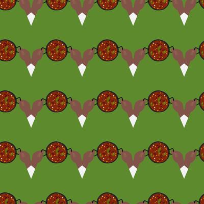 Chili con carne cast iron pan in Male hands Seamless Pattern on green. Traditional Mexican food fond. Isolated illustration Cinco de Mayo or Menu cards, label or web promo banner, leaflet, tags