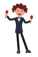 Cheerful child performing with maracas in front of a playful audience at a festive event vector