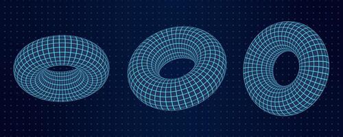 3D torus shapes with abstract wireframe and mesh grids. Geometric donut elements with intricate grid patterns. Y2k cyberpunk aesthetic in a futuristic digital design. vector