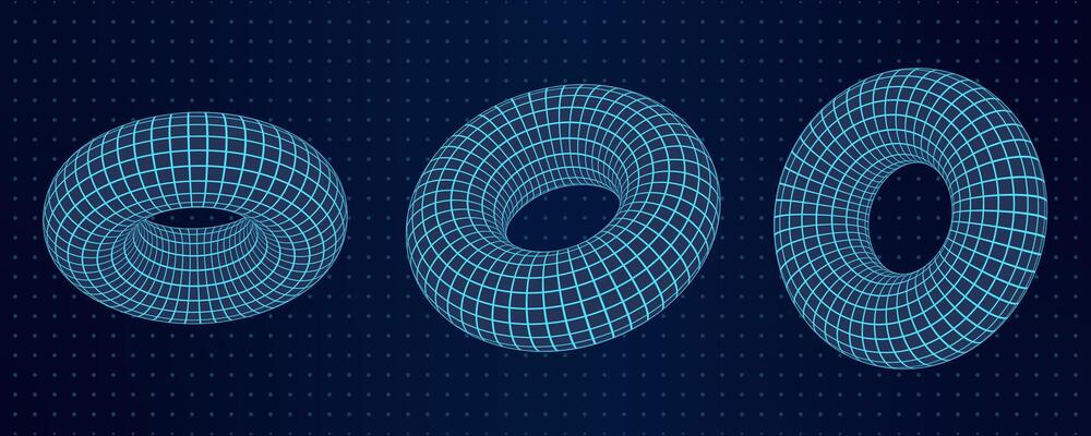 3D torus shapes with abstract wireframe and mesh grids. Geometric donut elements with intricate grid patterns. Y2k cyberpunk aesthetic in a futuristic digital design.
