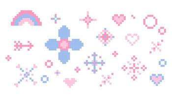 Pixel star sparkle cute retro 8 bit sparkle set. Shiny pink game pixel art effect set. Firework burst, arrow, space decoration. 90s aesthetics, y2k vector