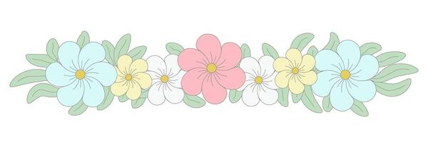 Delicate pastel flowers neatly arranged in a row, isolated on a transparent background. Wreath of pastel flowers with soft colors and delicate leaves. Hand-drawn spring or Easter divider. . . vector