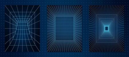 A set of three abstract 3D wireframe tunnels positioned on a dotted grid background. The geometric perspective portal shapes in a retro Y2K aesthetic combined with futuristic digital elements. vector