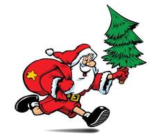 Santa Claus runs with sack and tree vector