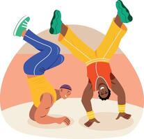A flat style illustration of two character doing breakdance on street vector