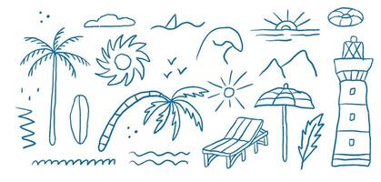 Groovy ink beach summer outline elements. Drawn palm tree and sunbed. Abstract minimal sea and sun vector