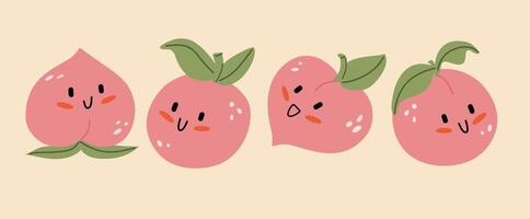Cute kawaii peach. Peaches are characters in different positions. vector