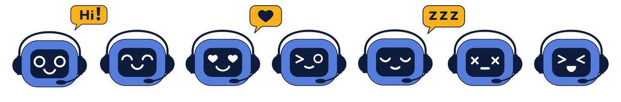 Set of flat illustrations of cute AI chatbot with different emotions vector