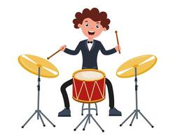 Young drummer performing energetically with drum set in a lively atmosphere vector