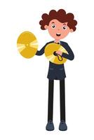 Boy enthusiastically playing cymbals while smiling during a lively music activity vector