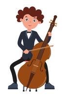 Child musician performing with a cello while seated in a formal attire at a concert vector