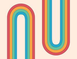 Abstract geometric design with curved rainbow-colored lines creating a retro-inspired composition. The bold, vibrant shapes form a minimal yet dynamic visual vector
