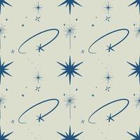 Seamless pattern with celestial elements featuring stylized stars, sparkles, and orbital lines on a light background. vector