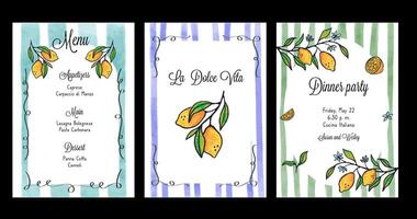 Hand draw la dolce vita breakfast temple. Posters with drawing lemon fruit with striped frame. Minimalist line art. Flier for invitations, menus design vector