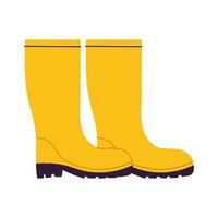 Two yellow rain boots are shown in a white background. The boots are positioned so that they are facing the viewer, and they appear to be standing upright vector
