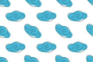 Blue clouds with swirls on a white background create a cheerful pattern for design vector