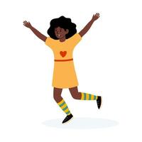 Girl joyfully jumping in a colorful outfit with a heart design in a playful atmosphere vector