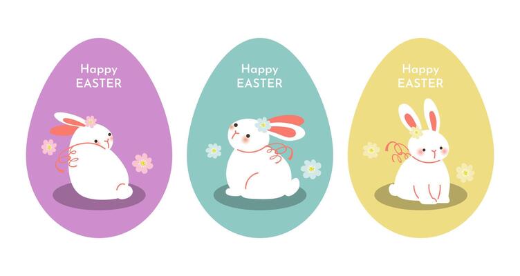 Adorable set of cute Easter bunnies in decorated eggs among spring flowers isolated. Perfect for holiday greeting cards, invitations, and festive designs. Illustration with a cheerful style.