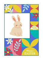 Multicolored and festive template Happy Easter card. Trendy design with abstract geometric shapes and cute bunny. Perfect for holiday greetings, invitations, and seasonal designs. vector