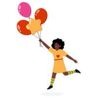 Young girl joyfully skipping with colorful balloons in a playful setting vector