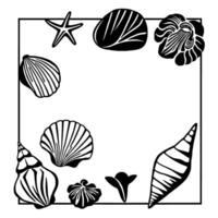 Seashell Summer. Black and White Beach Frame Graphic. Starfish shells and ocean vibes for a relaxing vacation . Perfect for summer holidays and coastal themes. vector