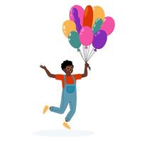 Child joyfully running with a bunch of colorful balloons in a cheerful setting vector