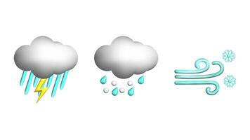 Weather 3d icons realistic isolated set. Thunderstorm downpour hail snowstorm. Design weather app web site game logo banner. Meteorology concept. vector