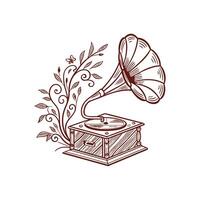 An illustration of a gramophone with a flower vector