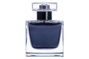 Elegant glass perfume bottle with dark liquid and stylish cap. Perfect for beauty and fragrance photography png