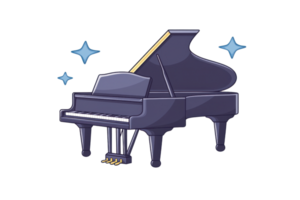 beautiful grand piano with shiny finish, surrounded by sparkling stars, symbolizing elegance and music. Perfect for music related themes png
