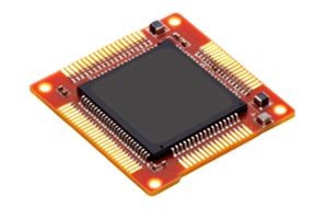 close up view of microprocessor on circuit board, showcasing its intricate design and connections. vibrant colors highlight its technological sophistication and functionality png