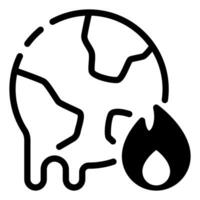 A black and white icon of a burning globe with a drop of water vector