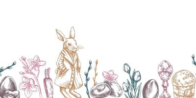 Vintage Easter border with elegant rabbit, spring flowers, and festive elements vector